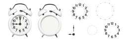 alarm clock without arrows. Empty alarm clock with a set of numbers and arrows. White classic alarm clock on a white background without arrows and numbers, space to insert text or copy