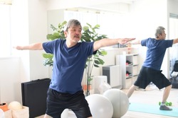 Gray-haired senior man doing yoga indoors