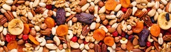 Background from various nuts and dried fruits, top view.