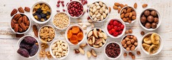 Nuts and dried fruits assortment, top view.