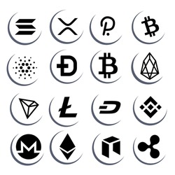 cryptocurrency icon logo black and white set, illustrations for crypto, finance, virtual, future, decentralized, altcoin, nft, defi.  vector eps 10