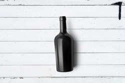 Glass Wine Bottle Mockup, Transparent, Black, Green, white background, front packaging, cork sticker view, top view, front view, close up