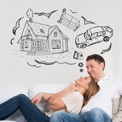 Mortgage and credit concept. Adult couple planning their future