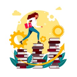 Climbing books. Woman in library going top. People climbing books. Business success, education level, staff and skill development vector concept. Businessman going up the stairs which made from books.