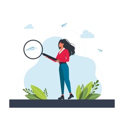 Young Woman holding and analyse with big magnifier glass. Girl with giant loupe. Businesswoman looking through magnifying glass. Searching new ideas.Vector cartoon illustration. Searching Information