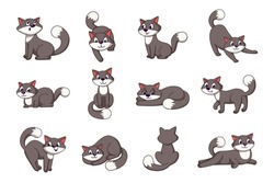 Cartoon cat. Friendly graphic kitty in simple poses. Funny pets actions and positions set. Relaxing pussycat. Fluffy kitten sitting or lying. Vector flat cliparts of domestic animal