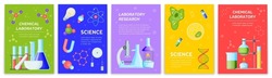 Science posters. Chemical laboratory cards. Medical flyer with test tubes and molecules. DNA and bacteria. Pharmacy and biology experiments. Innovation research. Vector banners set