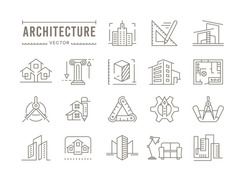 Architecture icons. Construction line logo. Building project plan. House design and 3d structure. Real estate scheme. Apartment interior. Architect company emblem. Outline vector set