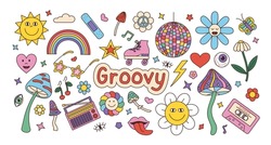 Retro groovy stickers. 70s disco. Rainbow and flowers. Hallucinogen mushrooms. Psychedelic ball. Love heart. Peace symbols. Lips and eye. Hippie labels set. Vector cartoon illustration