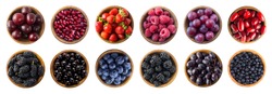 Red and black-blue food. Collage of different fruits and berries at green and red color.Raspberry, strawberry, currant, blueberry, plum, grape, pomegranate, mulberry, bilberry and blackberry. Top view