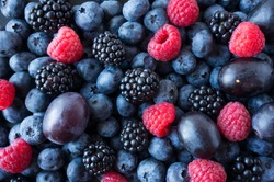 Background of fresh fruits and berries. Ripe blackberries, blueberries, plums, raspberries. Mix berries and fruits. Top view. Background berries and fruits. Black-blue and red food.