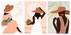 Set attractive young woman in a hat sits with a basket of flowers in a long romantic dress. Modern minimalistic abstract portrait of a dreamy girl for postcard poster, social media, banner. Vector.