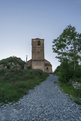 Path to abandoned church of ghost town Janovas in the pyrenees mountains, Huesca, Aragon, Spain