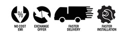 e-commerce vectro icon set: no cost EMI, Exchange offer, Faster delivery and faster installation