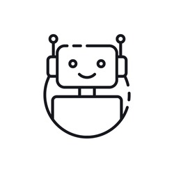 Bot icon. Chatbot icon concept. Cute smiling robot. Vector modern line character illustration isolated on white background. Outline robot sign design. Voice support service bot. Virtual online support