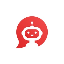 Robot in red speech bubble on white background. Cute robot icon in speech bubble. Support service bot. Vector illustration