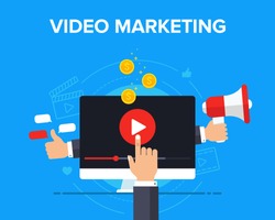 Video marketing icon concept. Making money from video with social network communication. Advertising webinar icon. Vector flat illustration for web banner, infographics, hero images