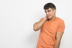 
a young boy being embarrassed on a white background.