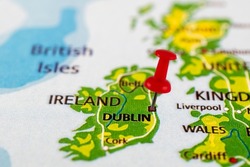 Dublin map. Close up of Dublin map with red pin. Map with red pin point of Dublin in Ireland .