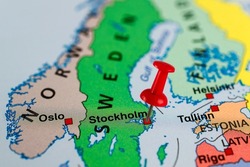 Stockholm map. Stockholm pin map. Close up of Stockholm map with red pin. Map with red pin point of Stockholm in Sweden.