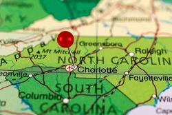 Charlotte pin map. Close up of Charlotte map with red pin. Map with red pin point of Charlotte in USA, North Carolina.