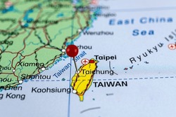 Taichung pin map. Close up of Taichung map with red pin. Map with red pin point of Taichung in Taiwan.