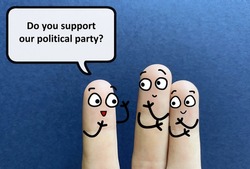 Three fingers are decorated as three person discussing about election. One of them is asking other friends if they support their political party.