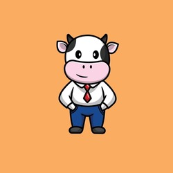 Cute Cow Boss Cartoon Vector Icon Illustration. Animal Business Icon Concept Isolated Premium Vector. Flat Cartoon Style