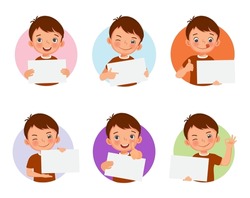 Cute little boy holding blank placard or poster in various facial expressions and hand gestures, include like, thumb up, finger pointing. Board sign with empty space templates for banner, ads design.