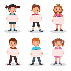 Group of happy children holding blank sheet of papers or posters. Vector of boys and girls showing board signs or placard with empty space templates for text, banners and ads.