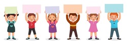 Group of children holding colorful blank papers or posters up over their heads. Vector of boys and girls showing colorful board signs or placard with empty space templates for text, banners and ads.