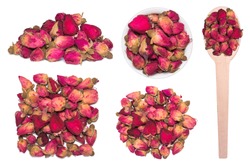 Big set of tea of dry rose buds isolated on white. Dry roses in wooden spoon 