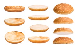 Set of burger bun isolated on white background. Different sides and parts