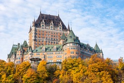 The Frontenac Castle (Fairmount Hotel) in the old Quebec city (Canada) with autumn colors.