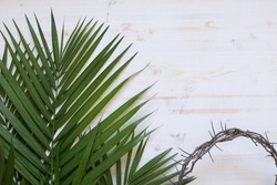 Palm fronds and partial crown of thorns on a white wood background with copy space
