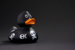 Halloween black rubber duck on dark background with copy space .Cleaning  service advertising concept.Halloween post card .