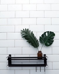 Bathroom decoration cabinet on tile wall with artificial plants. Minimalist interior concept.