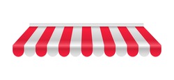 Realistic striped awning. Red and white sunshade. Shelter for the store. Outdoor tent for shop, market and cafe. Vector illustration.