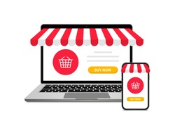 Online shopping. Open laptop and smartphone with awning. Online store concept. Banner for marketing and promotion ecommerce. Vector illustration.
