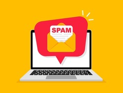 Spam email concept. Spam message on laptop screen. Warning and alert spam notification. Envelope with spam. Spamming mailbox. Virus, email fraud concept. Vector Illustration.