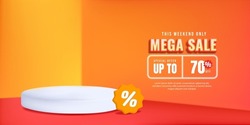 3D Mega Sale banner design in 3d illustration on yellow background. Sale on podium with tag discount design elements