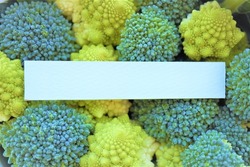 Blue card title space with lots of vegetables green broccoli and yellow-green Romanesco in the background