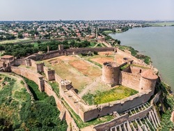 View from a drone of Belgorod-Dnestrovskaya fortress. Akerman fortress filmed on a drone in Ukraine on the banks of the Dniester estuary. One of the largest fortresses in Eastern Europe.