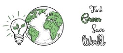 Think Green Save World. Green Energy and Clean Environment concept Hand Drawn Illustration. Green Earth and plant growing inside a light bulb. Clean environment and Renewable Energy Concept Banner. 