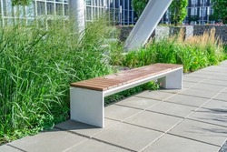 Empty concrete bench with wooden slats for sitting on tile among decorative grass and flowers in recreation area near modern office building. Garden landscape with chair in city park