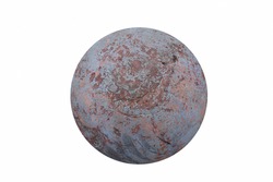 Hemispherical with irregularities, rough gray surface with brown patches. 3d abstract background, reminiscent of the landscape of a fantastic planet on white backdrop. Top view.