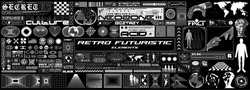Big collection of retro futuristic elements for design. Abstract set of frames, 3d shapes, wireframe, cyberpunk windows and perspective grids. Blanks for a poster, banner, business card, sticker