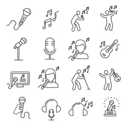 Set of singing Related Vector Line Icons. Includes such Icons as singer, music, musical notes, microphone, concert, Opera, guitar, headphones, karaoke