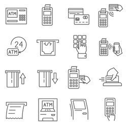 Set of terminal Related Vector Line Icons. Contains such Icons as banking machine, check, cash, electronic payment, Bank, credit card, mobile payment, ATM and more.