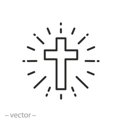 shine christian cross icon, concept catholic church, holy light ray, faith religion, easter, thin line symbol on white background - editable stroke vector 